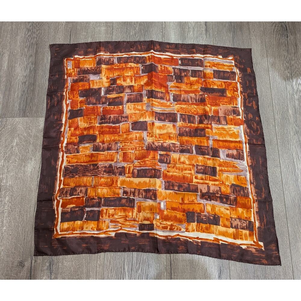 Vintage Scarf MCM Abstract Hand Rolled Japan Acetate Brown Orange Earth Tones